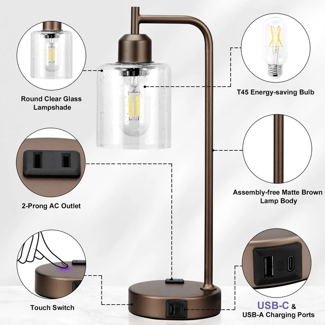 Alt view image 3 of 7 - Industrial Touch Table Lamps - 3-Way Dimmable Desk Lamps Set of 2 with USB C+A Ports and Outlet, Brown Bedside Lamps with Clear Glass Shade for Living & Bedrooms