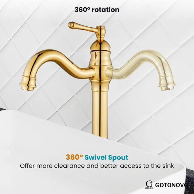 Alt view image 6 of 7 - Vintage Bathroom Vessel Sink Faucet, Polish Gold, with Drain Tall Bathroom Faucet 1 Hole Single Handle, 360° Swivel Spout, cUPC Water Lines, Lead-Free, for Farmhouse Vanity Washbasin RV