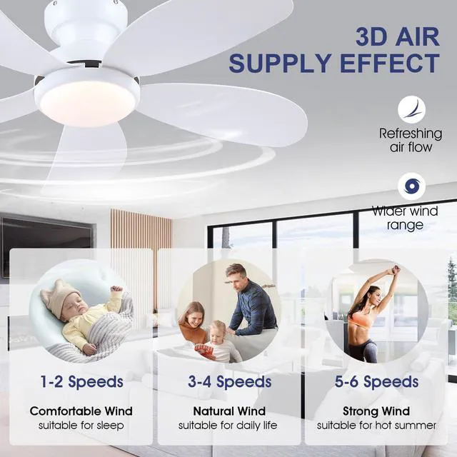 Alt view image 5 of 7 - 42" White Modern Low Profile Flush Mount Ceiling Fans with Lights Super Large Airflow with 6 Wind Speeds, Reversible, Dimmable 3 CCT LED, 30W Noiseless DC Motor,Timer, for Bedroom Kitchen