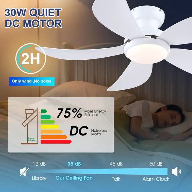 Alt view image 6 of 7 - 42" White Modern Low Profile Flush Mount Ceiling Fans with Lights Super Large Airflow with 6 Wind Speeds, Reversible, Dimmable 3 CCT LED, 30W Noiseless DC Motor,Timer, for Bedroom Kitchen