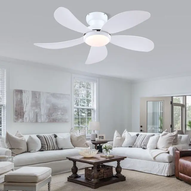 Alt view image 7 of 7 - 42" White Modern Low Profile Flush Mount Ceiling Fans with Lights Super Large Airflow with 6 Wind Speeds, Reversible, Dimmable 3 CCT LED, 30W Noiseless DC Motor,Timer, for Bedroom Kitchen