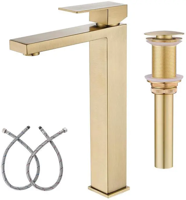 Main image of Brushed Gold Vessel Sink Faucet, 1 Hole Single Handle Tall Faucets Vanity Modern Utility Rv Laundry Bath Restroom Mixer Tap with Metal Pop Up Drain and 2 Water Supply Lines