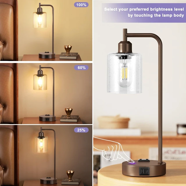 Alt view image 4 of 7 - Industrial Touch Table Lamps - 3-Way Dimmable Desk Lamps Set of 2 with USB C+A Ports and Outlet, Brown Bedside Lamps with Clear Glass Shade for Living & Bedrooms