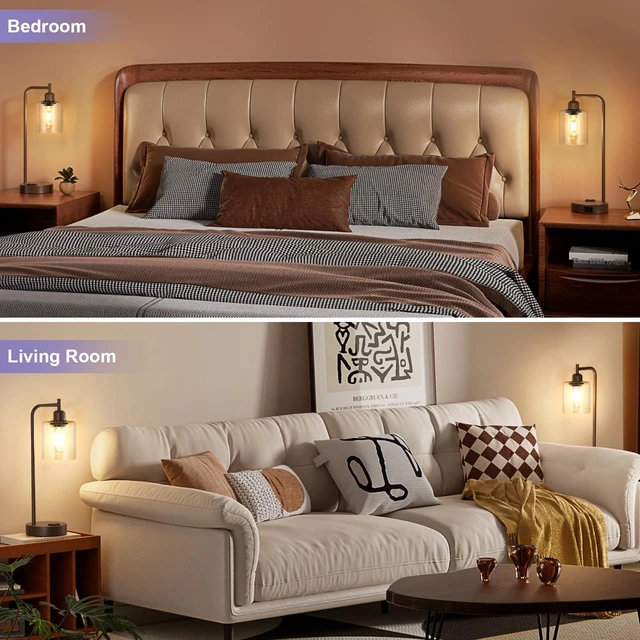 Alt view image 5 of 7 - Industrial Touch Table Lamps - 3-Way Dimmable Desk Lamps Set of 2 with USB C+A Ports and Outlet, Brown Bedside Lamps with Clear Glass Shade for Living & Bedrooms