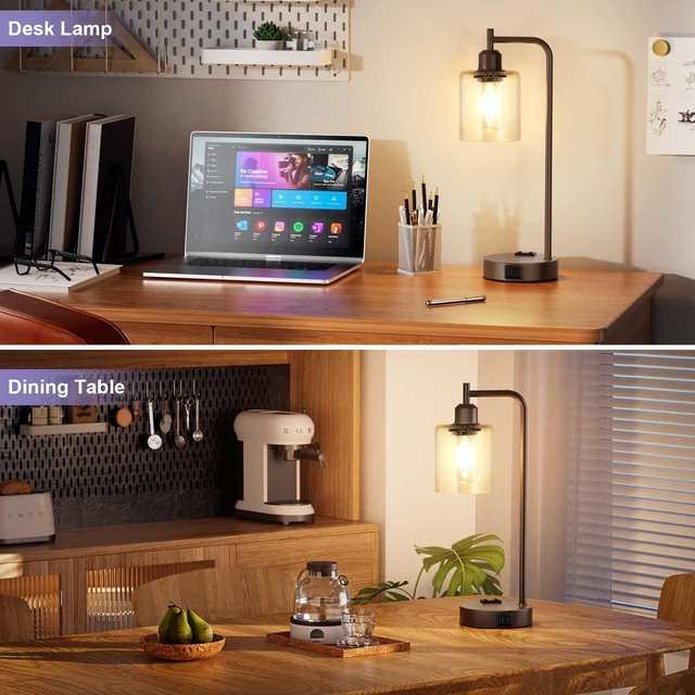 Alt view image 6 of 7 - Industrial Touch Table Lamps - 3-Way Dimmable Desk Lamps Set of 2 with USB C+A Ports and Outlet, Brown Bedside Lamps with Clear Glass Shade for Living & Bedrooms