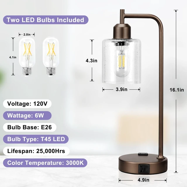 Alt view image 7 of 7 - Industrial Touch Table Lamps - 3-Way Dimmable Desk Lamps Set of 2 with USB C+A Ports and Outlet, Brown Bedside Lamps with Clear Glass Shade for Living & Bedrooms