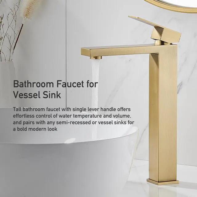 Alt view image 2 of 7 - Brushed Gold Vessel Sink Faucet, 1 Hole Single Handle Tall Faucets Vanity Modern Utility Rv Laundry Bath Restroom Mixer Tap with Metal Pop Up Drain and 2 Water Supply Lines
