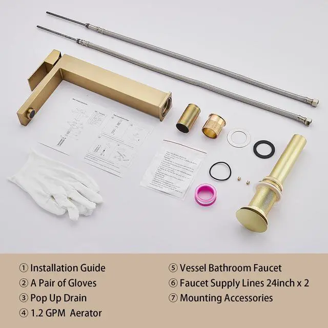 Alt view image 7 of 7 - Brushed Gold Vessel Sink Faucet, 1 Hole Single Handle Tall Faucets Vanity Modern Utility Rv Laundry Bath Restroom Mixer Tap with Metal Pop Up Drain and 2 Water Supply Lines