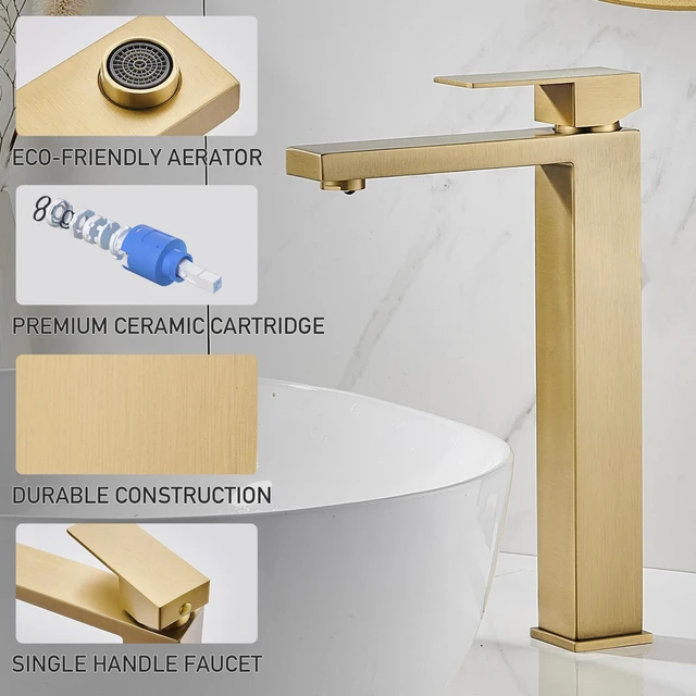 Alt view image 3 of 7 - Brushed Gold Vessel Sink Faucet, 1 Hole Single Handle Tall Faucets Vanity Modern Utility Rv Laundry Bath Restroom Mixer Tap with Metal Pop Up Drain and 2 Water Supply Lines