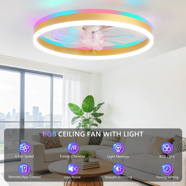 Alt view image 2 of 7 - RGB Ceiling Fan with Light, Low Profile Ceiling Fans, Gold 20 Flush Mount Bladeless Ceiling Fan, Remote and APP Control,Modern Small Fandelier for Bedroom Living Room