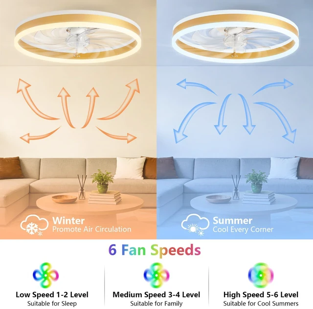 Alt view image 4 of 7 - RGB Ceiling Fan with Light, Low Profile Ceiling Fans, Gold 20 Flush Mount Bladeless Ceiling Fan, Remote and APP Control,Modern Small Fandelier for Bedroom Living Room