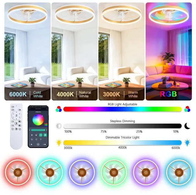 Alt view image 3 of 7 - RGB Ceiling Fan with Light, Low Profile Ceiling Fans, Gold 20 Flush Mount Bladeless Ceiling Fan, Remote and APP Control,Modern Small Fandelier for Bedroom Living Room