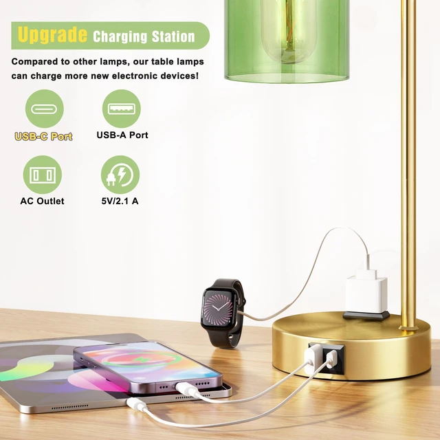 Alt view image 2 of 6 - Industrial Green Table Lamps for Bedrooms Set of 2-3-Way Dimmable Desk Lamp with USB C+A Ports and Outlet, Gold Lamps with Green Glass Shade for Living Room
