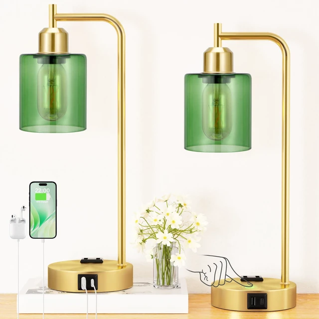 Main image of Industrial Green Table Lamps for Bedrooms Set of 2-3-Way Dimmable Desk Lamp with USB C+A Ports and Outlet, Gold Lamps with Green Glass Shade for Living Room