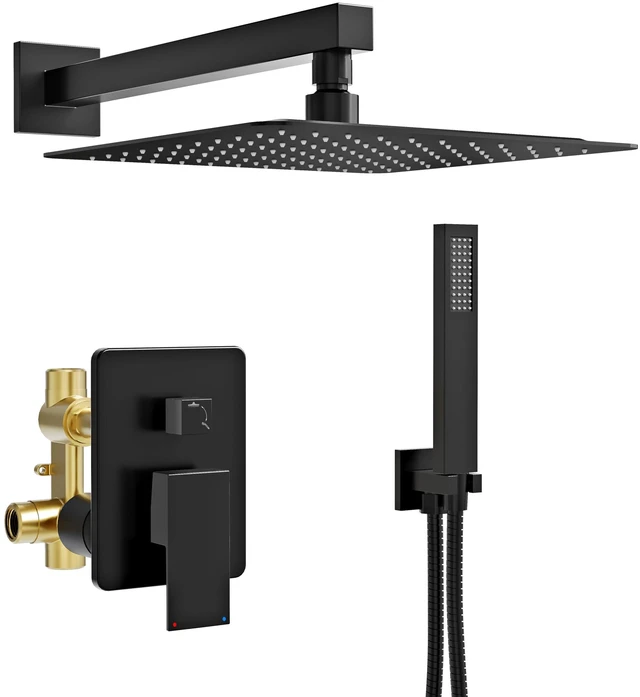 Main image of Black Shower System, Wall Mounted Shower Faucet Set with Valve, 10-Inch Rainfall Shower Head with Handheld Combo Spray, 59'' Long Shower Hose and Shower Trim Kit, Matte Black