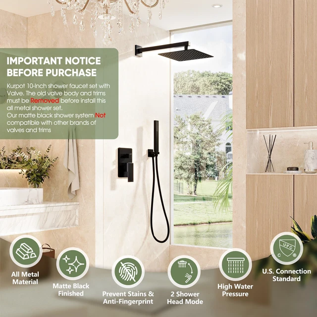 Alt view image 2 of 7 - Black Shower System, Wall Mounted Shower Faucet Set with Valve, 10-Inch Rainfall Shower Head with Handheld Combo Spray, 59'' Long Shower Hose and Shower Trim Kit, Matte Black
