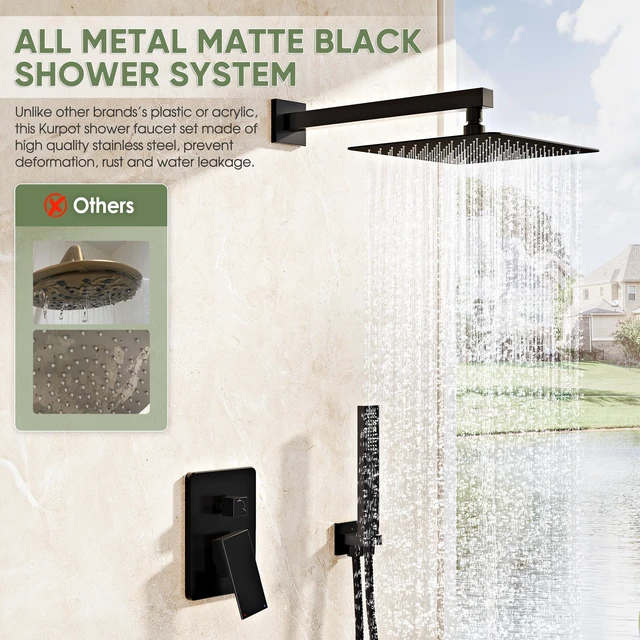 Alt view image 3 of 7 - Black Shower System, Wall Mounted Shower Faucet Set with Valve, 10-Inch Rainfall Shower Head with Handheld Combo Spray, 59'' Long Shower Hose and Shower Trim Kit, Matte Black