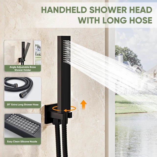 Alt view image 5 of 7 - Black Shower System, Wall Mounted Shower Faucet Set with Valve, 10-Inch Rainfall Shower Head with Handheld Combo Spray, 59'' Long Shower Hose and Shower Trim Kit, Matte Black