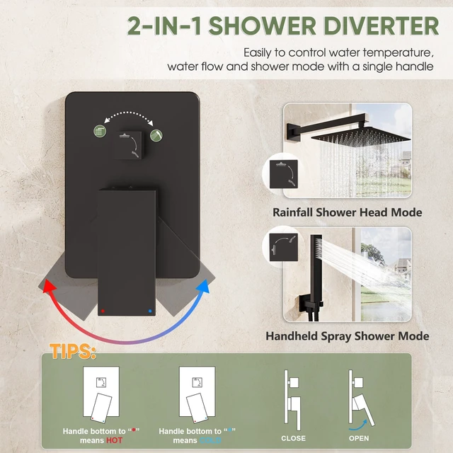 Alt view image 6 of 7 - Black Shower System, Wall Mounted Shower Faucet Set with Valve, 10-Inch Rainfall Shower Head with Handheld Combo Spray, 59'' Long Shower Hose and Shower Trim Kit, Matte Black