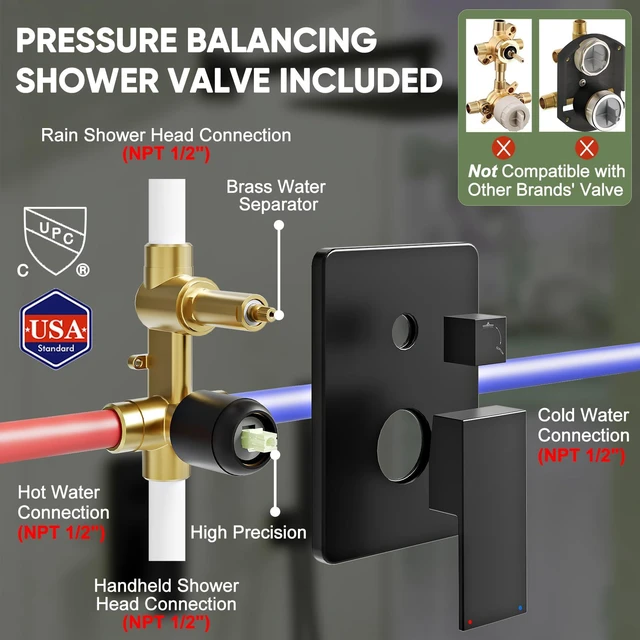 Alt view image 7 of 7 - Black Shower System, Wall Mounted Shower Faucet Set with Valve, 10-Inch Rainfall Shower Head with Handheld Combo Spray, 59'' Long Shower Hose and Shower Trim Kit, Matte Black