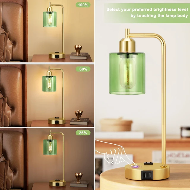 Alt view image 3 of 6 - Industrial Green Table Lamps for Bedrooms Set of 2-3-Way Dimmable Desk Lamp with USB C+A Ports and Outlet, Gold Lamps with Green Glass Shade for Living Room