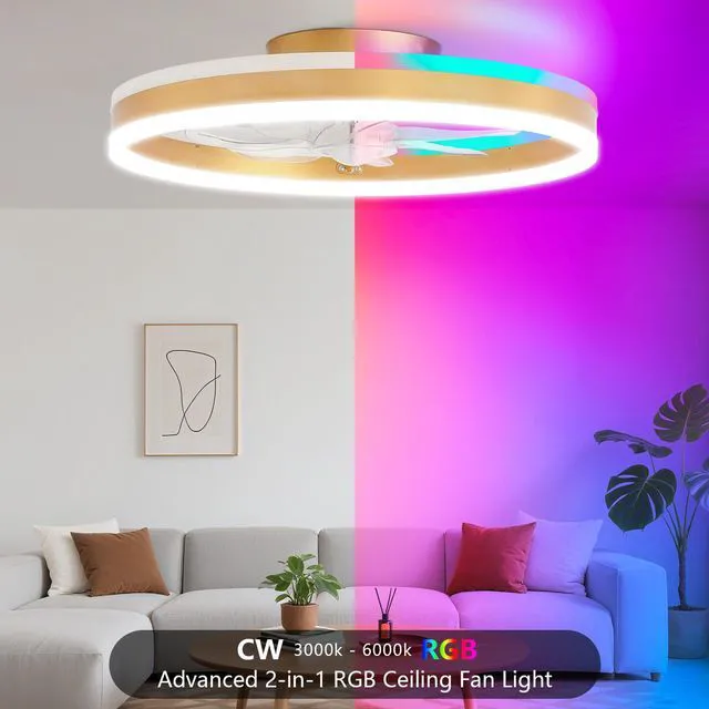 Alt view image 5 of 7 - RGB Ceiling Fan with Light, Low Profile Ceiling Fans, Gold 20 Flush Mount Bladeless Ceiling Fan, Remote and APP Control,Modern Small Fandelier for Bedroom Living Room