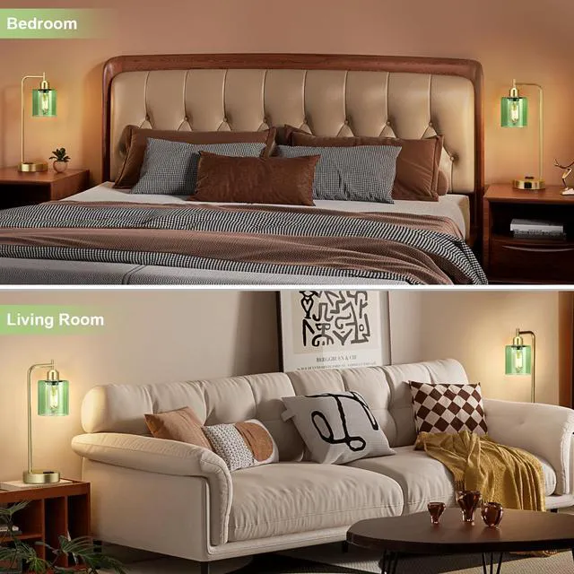 Alt view image 4 of 6 - Industrial Green Table Lamps for Bedrooms Set of 2-3-Way Dimmable Desk Lamp with USB C+A Ports and Outlet, Gold Lamps with Green Glass Shade for Living Room