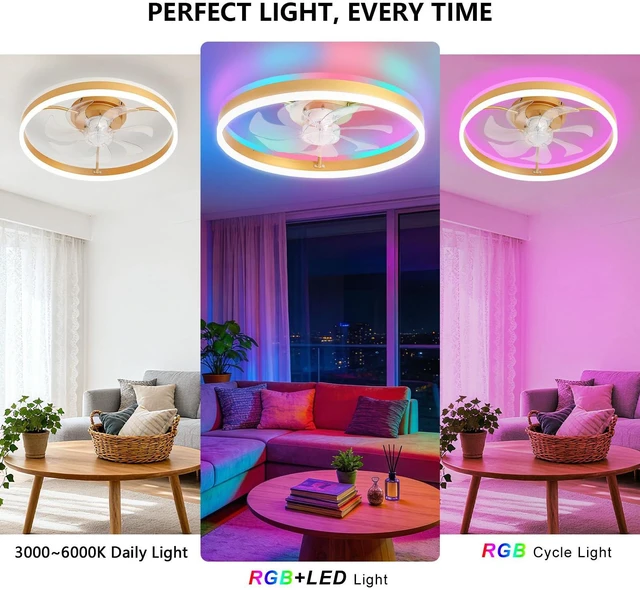 Alt view image 6 of 7 - RGB Ceiling Fan with Light, Low Profile Ceiling Fans, Gold 20 Flush Mount Bladeless Ceiling Fan, Remote and APP Control,Modern Small Fandelier for Bedroom Living Room
