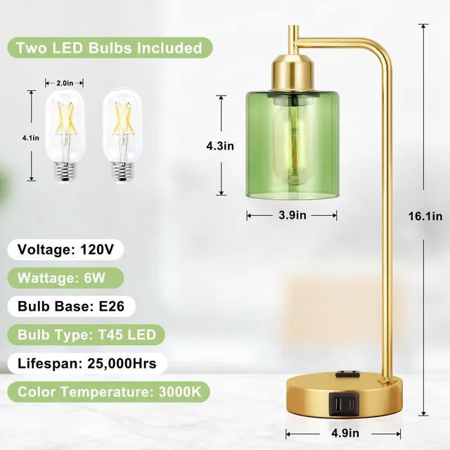 Alt view image 6 of 6 - Industrial Green Table Lamps for Bedrooms Set of 2-3-Way Dimmable Desk Lamp with USB C+A Ports and Outlet, Gold Lamps with Green Glass Shade for Living Room