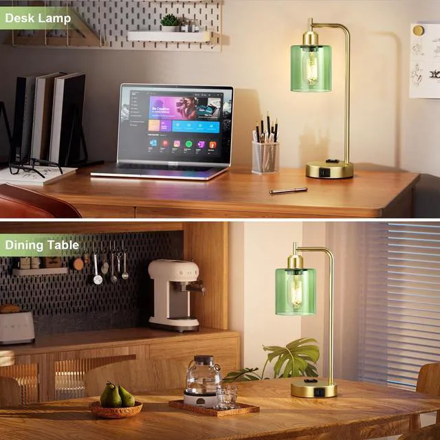 Alt view image 5 of 6 - Industrial Green Table Lamps for Bedrooms Set of 2-3-Way Dimmable Desk Lamp with USB C+A Ports and Outlet, Gold Lamps with Green Glass Shade for Living Room