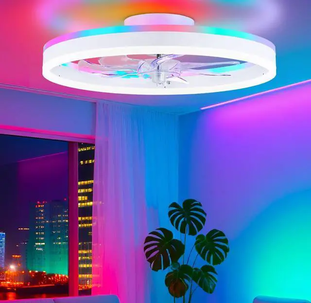 Main image of RGB Ceiling Fan with Light, Low Profile Ceiling Fans, White 20'' Modern Flush Mount Bladeless Fan Light, Remote APP Control, Dimmable, Fandelier for Bedroom, Living Room, Kitchen
