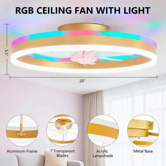 Alt view image 7 of 7 - RGB Ceiling Fan with Light, Low Profile Ceiling Fans, Gold 20 Flush Mount Bladeless Ceiling Fan, Remote and APP Control,Modern Small Fandelier for Bedroom Living Room