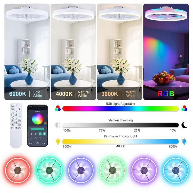 Alt view image 2 of 7 - RGB Ceiling Fan with Light, Low Profile Ceiling Fans, White 20'' Modern Flush Mount Bladeless Fan Light, Remote APP Control, Dimmable, Fandelier for Bedroom, Living Room, Kitchen