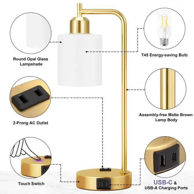 Alt view image 3 of 7 - Industrial Gold Table Lamps for Bedrooms Set of 2-3-Way Dimmable Desk Lamp with USB C+A Ports and Outlet, Gold Lamps with Opal Glass Shade for Living Room, Desk Lamps for Home Office