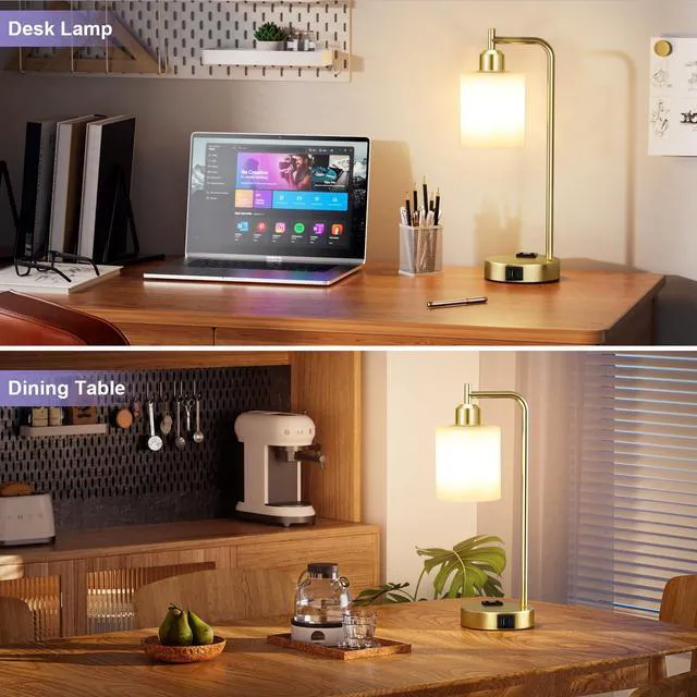 Alt view image 6 of 7 - Industrial Gold Table Lamps for Bedrooms Set of 2-3-Way Dimmable Desk Lamp with USB C+A Ports and Outlet, Gold Lamps with Opal Glass Shade for Living Room, Desk Lamps for Home Office