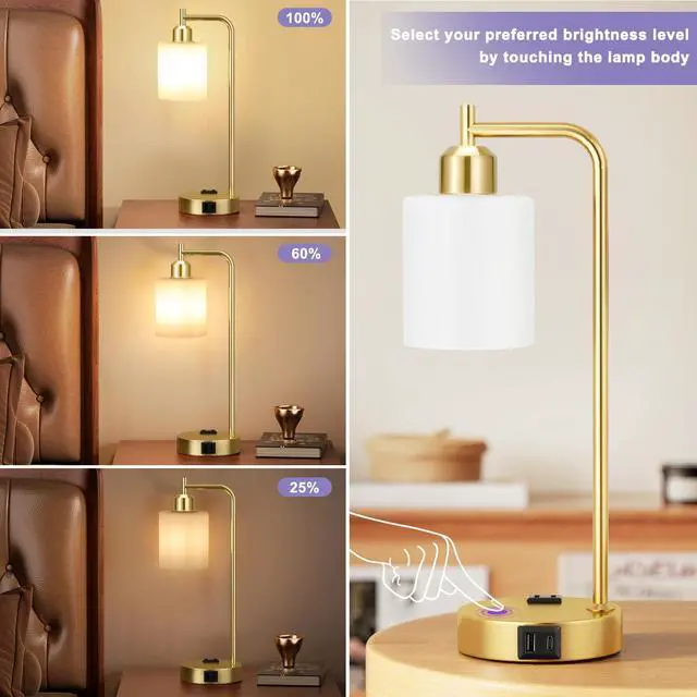 Alt view image 5 of 7 - Industrial Gold Table Lamps for Bedrooms Set of 2-3-Way Dimmable Desk Lamp with USB C+A Ports and Outlet, Gold Lamps with Opal Glass Shade for Living Room, Desk Lamps for Home Office