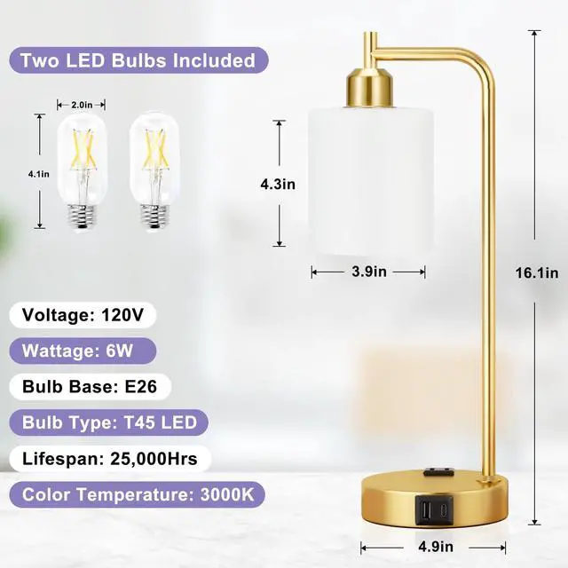 Alt view image 4 of 7 - Industrial Gold Table Lamps for Bedrooms Set of 2-3-Way Dimmable Desk Lamp with USB C+A Ports and Outlet, Gold Lamps with Opal Glass Shade for Living Room, Desk Lamps for Home Office
