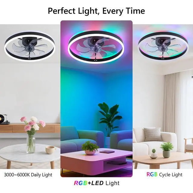 Alt view image 3 of 7 - RGB Ceiling Fan with Light, Low Profile Ceiling Fans, Black 20 Flush Mount Bladeless Ceiling Fan, Remote and APP Control,Modern Small Fandelier for Bedroom Living Room