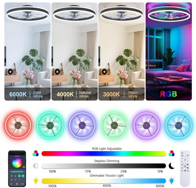 Alt view image 4 of 7 - RGB Ceiling Fan with Light, Low Profile Ceiling Fans, Black 20 Flush Mount Bladeless Ceiling Fan, Remote and APP Control,Modern Small Fandelier for Bedroom Living Room