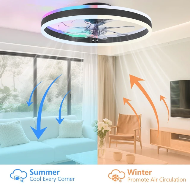 Alt view image 5 of 7 - RGB Ceiling Fan with Light, Low Profile Ceiling Fans, Black 20 Flush Mount Bladeless Ceiling Fan, Remote and APP Control,Modern Small Fandelier for Bedroom Living Room