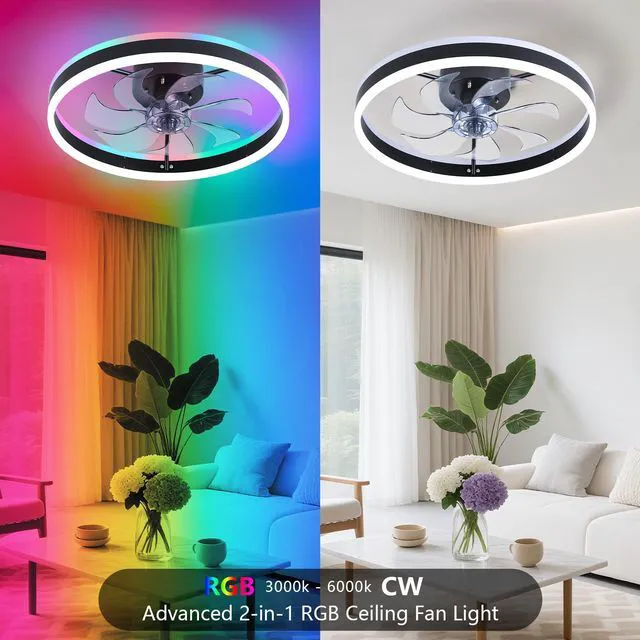 Alt view image 6 of 7 - RGB Ceiling Fan with Light, Low Profile Ceiling Fans, Black 20 Flush Mount Bladeless Ceiling Fan, Remote and APP Control,Modern Small Fandelier for Bedroom Living Room