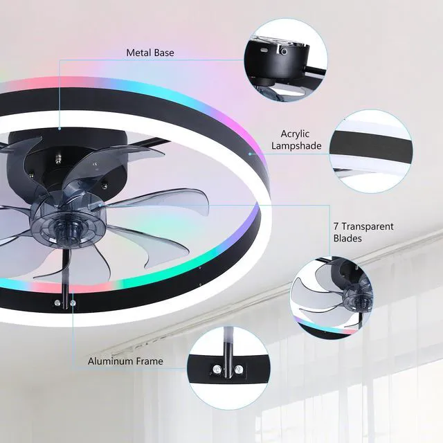 Alt view image 7 of 7 - RGB Ceiling Fan with Light, Low Profile Ceiling Fans, Black 20 Flush Mount Bladeless Ceiling Fan, Remote and APP Control,Modern Small Fandelier for Bedroom Living Room