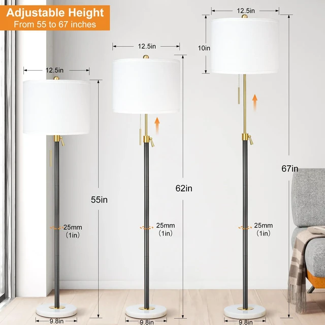 Alt view image 2 of 7 - Floor Lamp for Living Room Adjustable Tall Standing Lamp, 3-Way Dimmable Floor Lamp for Bedroom Office, Black Gold Lamp with Marble Base and White Linen Shade