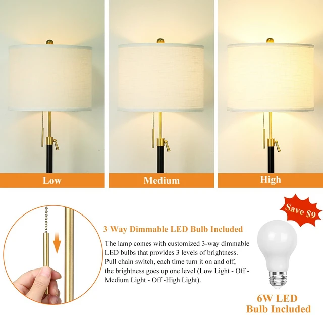 Alt view image 3 of 7 - Floor Lamp for Living Room Adjustable Tall Standing Lamp, 3-Way Dimmable Floor Lamp for Bedroom Office, Black Gold Lamp with Marble Base and White Linen Shade