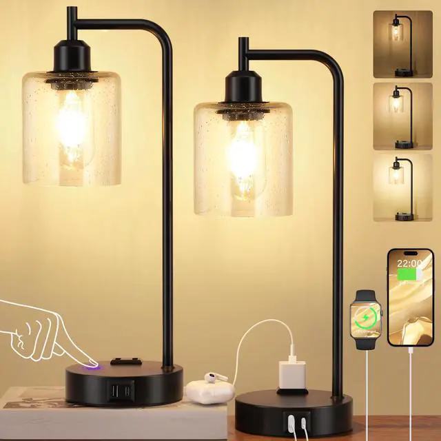 Main image of Industrial Touch Table Lamps for Bedrooms Set of 2 - 3-Way Dimmable Lamps with USB C+A Ports and Outlet, Black Bedside Lamps with Seeded Clear Glass Shade for Living Room, Desk Lamps for Home Office