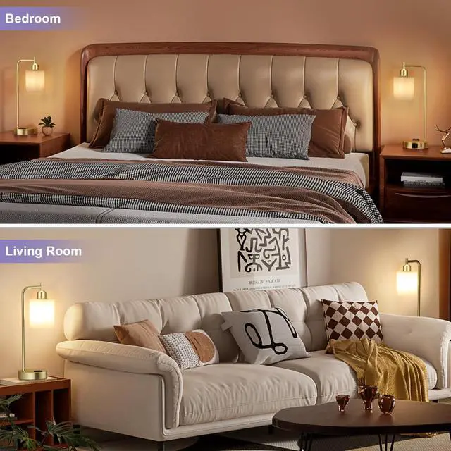 Alt view image 7 of 7 - Industrial Gold Table Lamps for Bedrooms Set of 2-3-Way Dimmable Desk Lamp with USB C+A Ports and Outlet, Gold Lamps with Opal Glass Shade for Living Room, Desk Lamps for Home Office