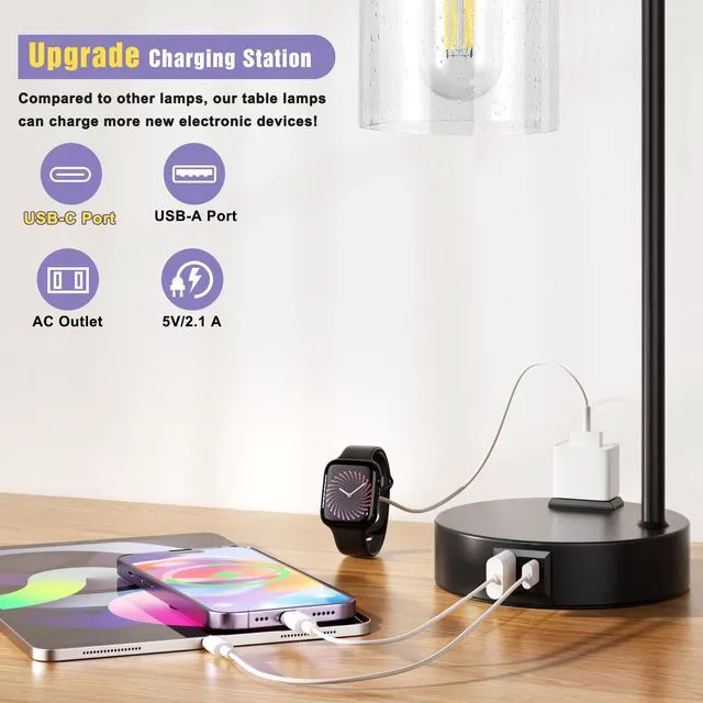 Alt view image 2 of 7 - Industrial Touch Table Lamps for Bedrooms Set of 2 - 3-Way Dimmable Lamps with USB C+A Ports and Outlet, Black Bedside Lamps with Seeded Clear Glass Shade for Living Room, Desk Lamps for Home Office