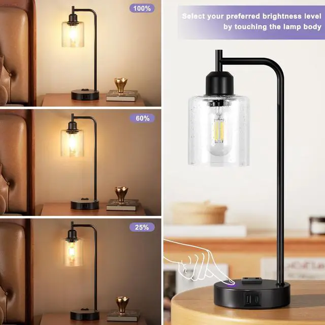 Alt view image 3 of 7 - Industrial Touch Table Lamps for Bedrooms Set of 2 - 3-Way Dimmable Lamps with USB C+A Ports and Outlet, Black Bedside Lamps with Seeded Clear Glass Shade for Living Room, Desk Lamps for Home Office
