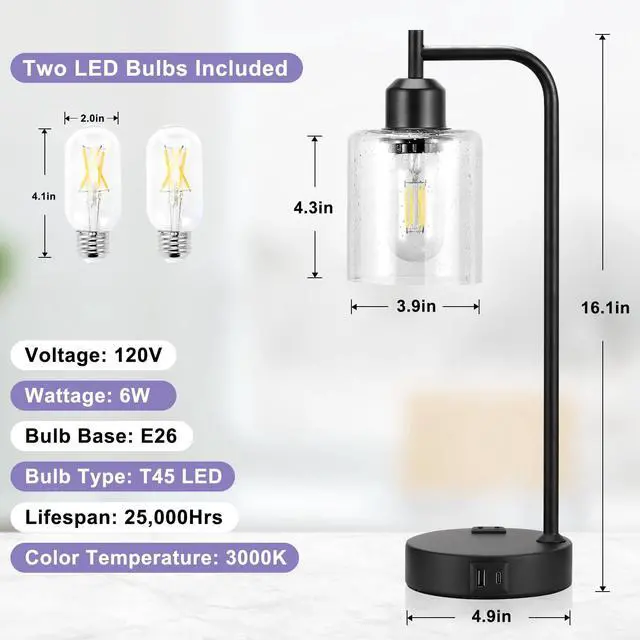 Alt view image 4 of 7 - Industrial Touch Table Lamps for Bedrooms Set of 2 - 3-Way Dimmable Lamps with USB C+A Ports and Outlet, Black Bedside Lamps with Seeded Clear Glass Shade for Living Room, Desk Lamps for Home Office