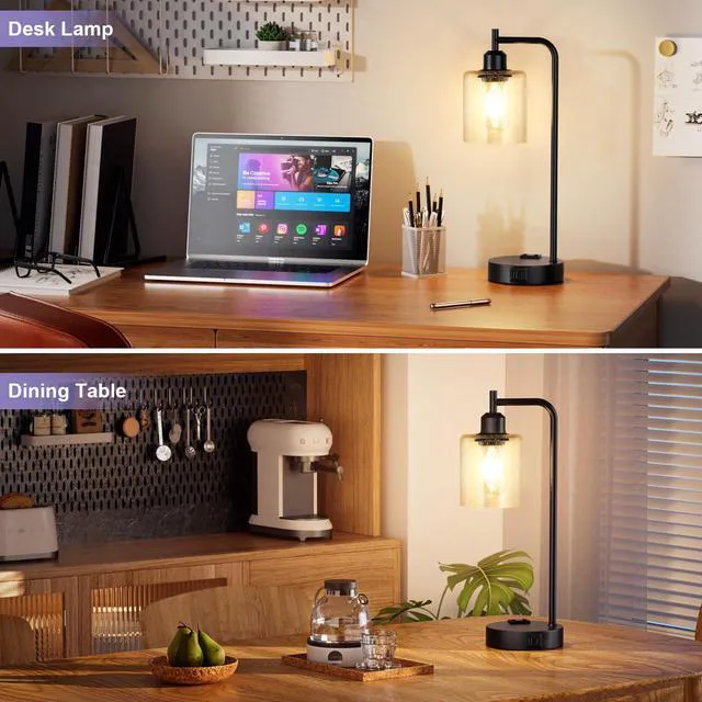 Alt view image 6 of 7 - Industrial Touch Table Lamps for Bedrooms Set of 2 - 3-Way Dimmable Lamps with USB C+A Ports and Outlet, Black Bedside Lamps with Seeded Clear Glass Shade for Living Room, Desk Lamps for Home Office